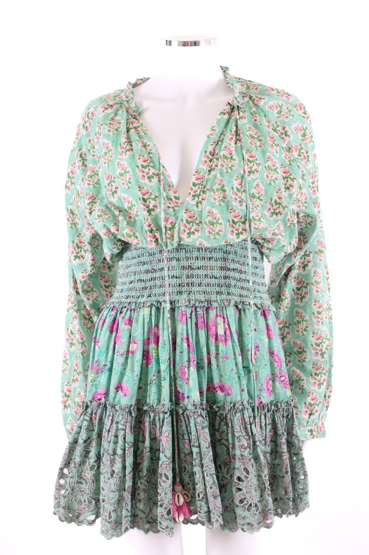 Hemant & Nandita L/S Embellished Floral Mini Dress Mint/ Pink XS