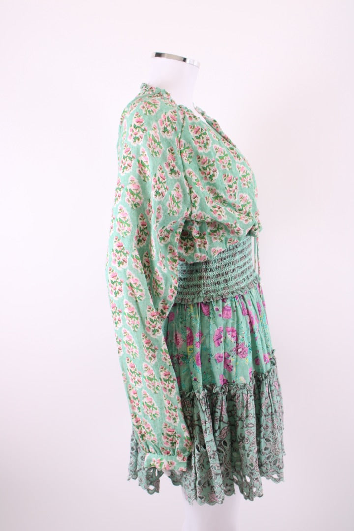 Hemant & Nandita L/S Embellished Floral Mini Dress Mint/ Pink XS