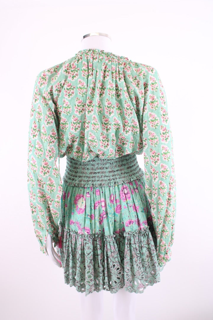 Hemant & Nandita L/S Embellished Floral Mini Dress Mint/ Pink XS