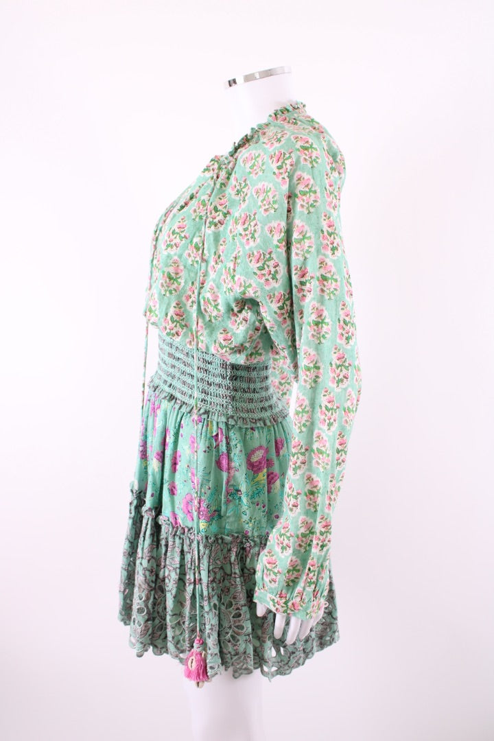 Hemant & Nandita L/S Embellished Floral Mini Dress Mint/ Pink XS