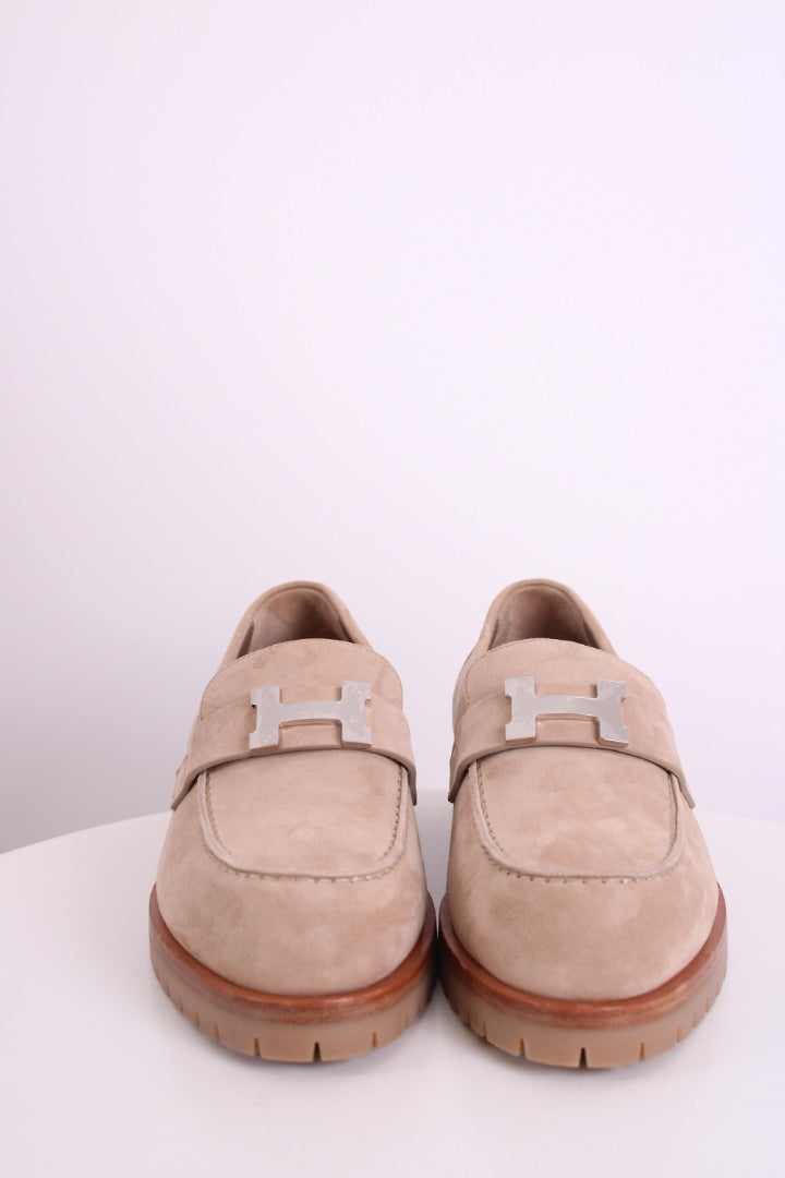 Hermes Faubourg Suede Loafers Beige Camel 37