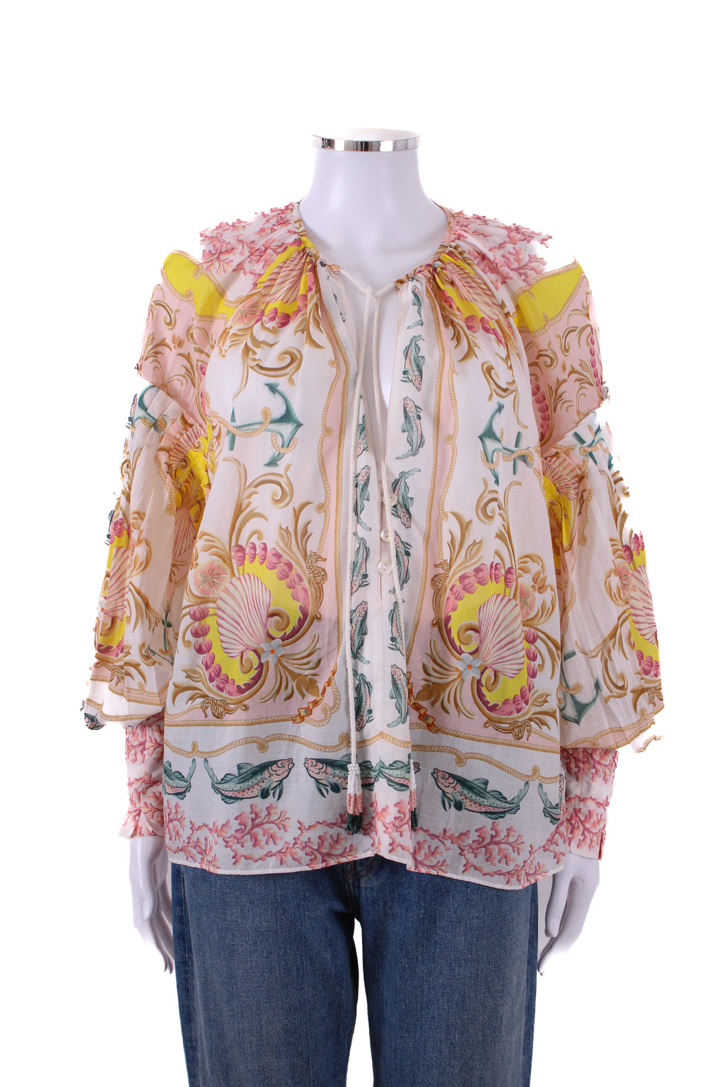 Farm Rio L/S Shell Print Blouse White/ Coral
