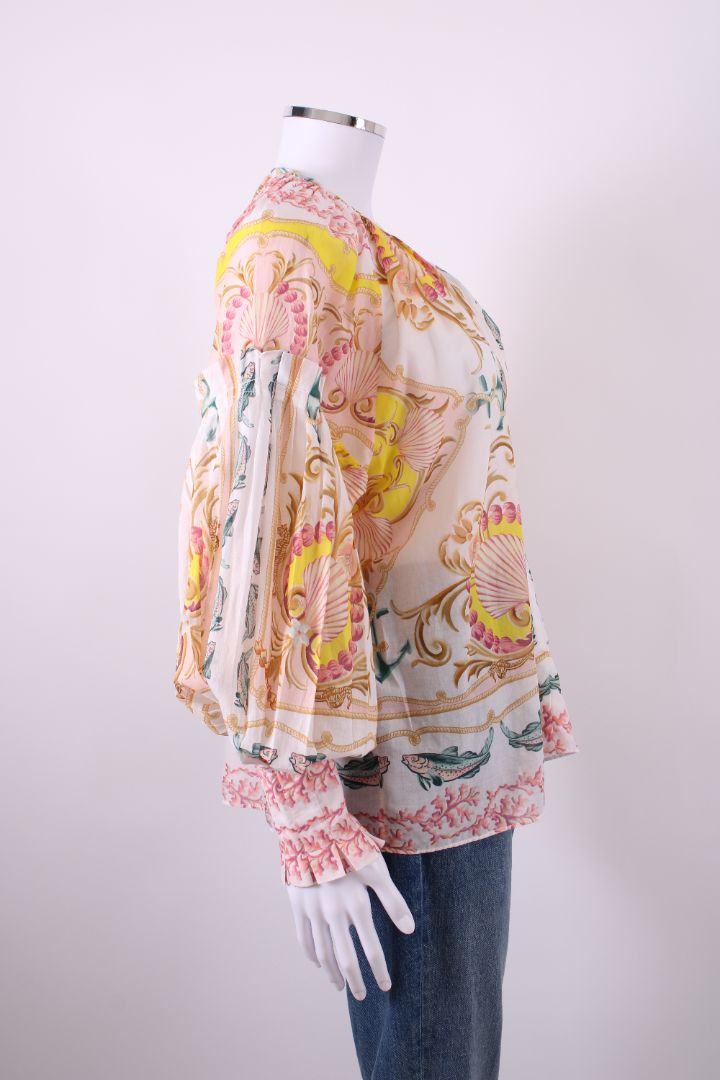 Farm Rio L/S Shell Print Blouse White/ Coral