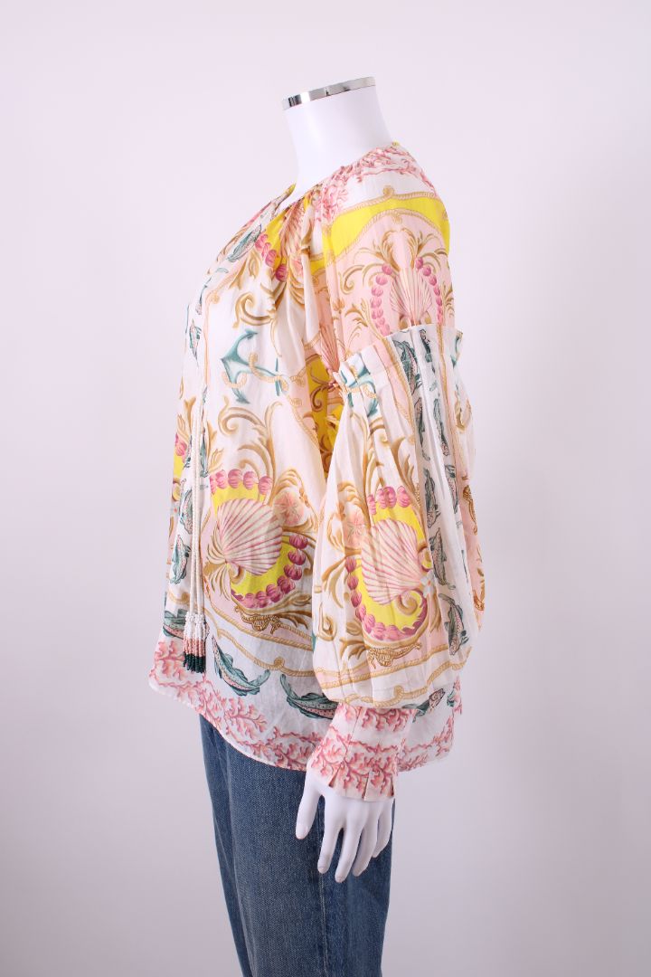 Farm Rio L/S Shell Print Blouse White/ Coral