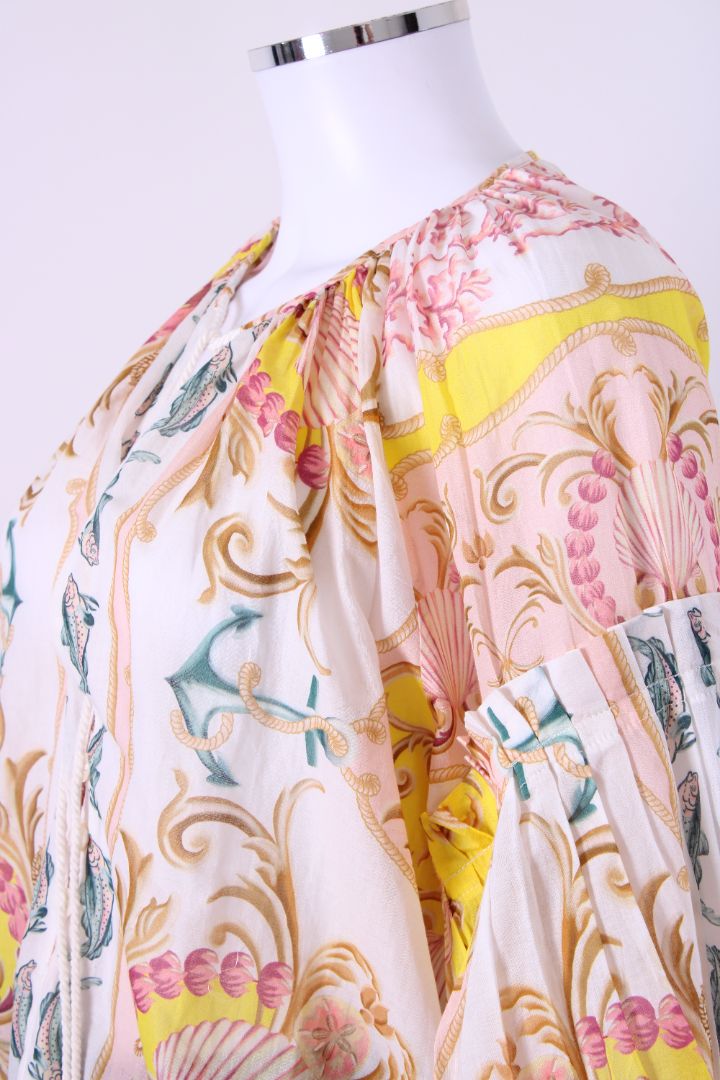 Farm Rio L/S Shell Print Blouse White/ Coral