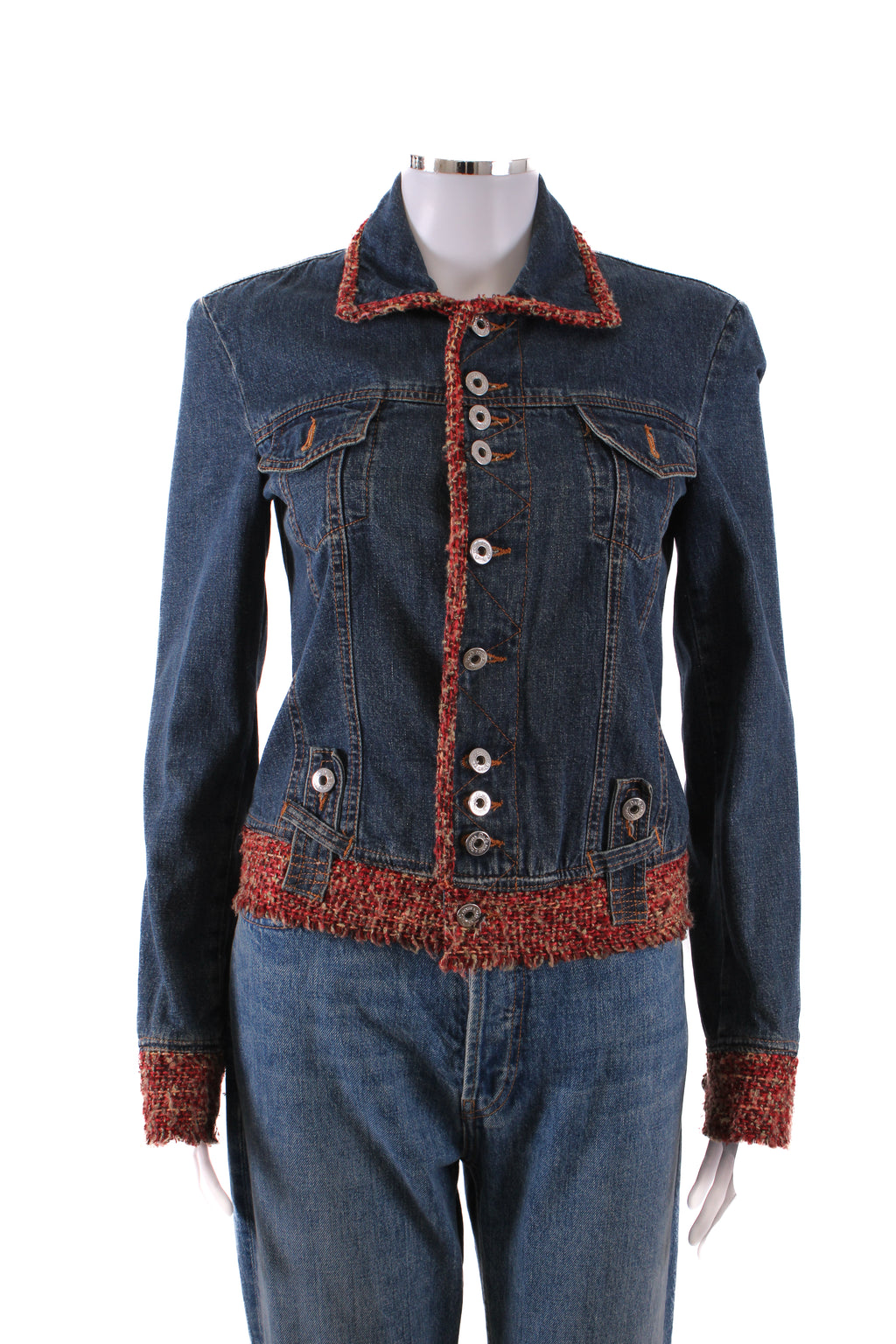 Dolce & Gabbana Tweed Trim Denim Jacket Blue/Red XS