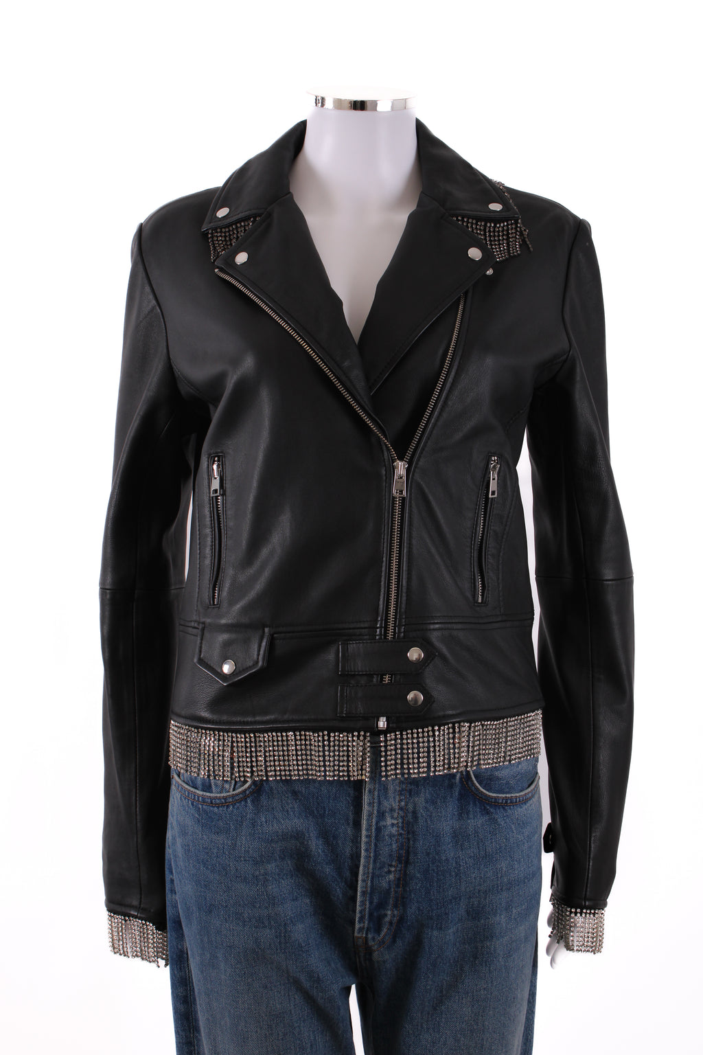 Pinko Leather Biker Diamante Jacket Black 12