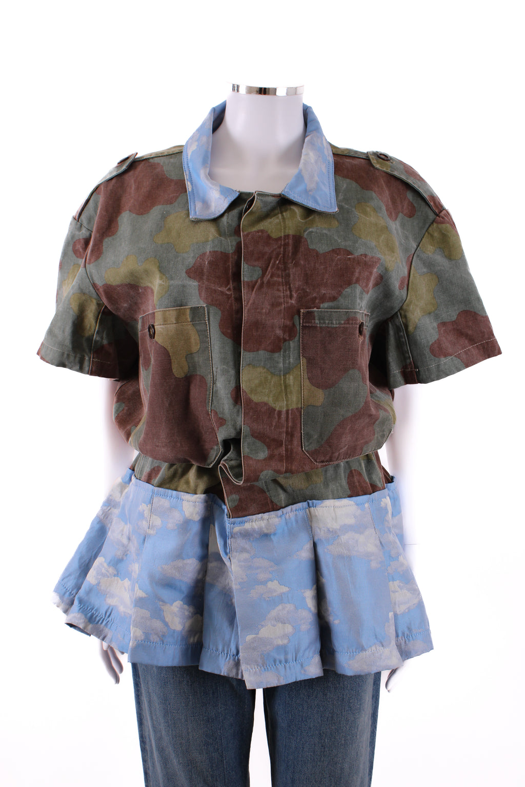 Reimagined by Pinko Peplum Shirt Camo/ Sky Print L