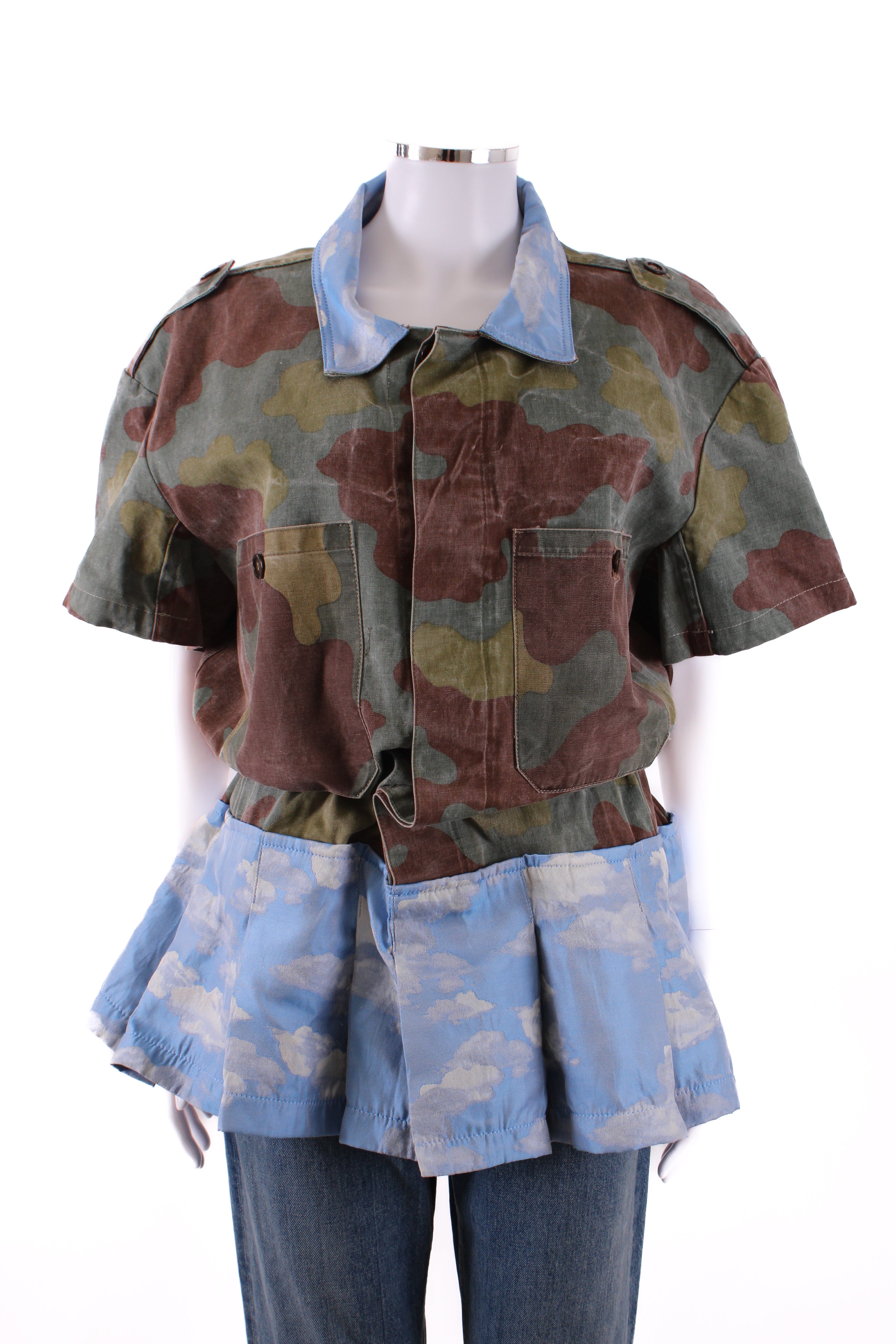 Reimagined by Pinko Peplum Shirt Camo/ Sky Print L