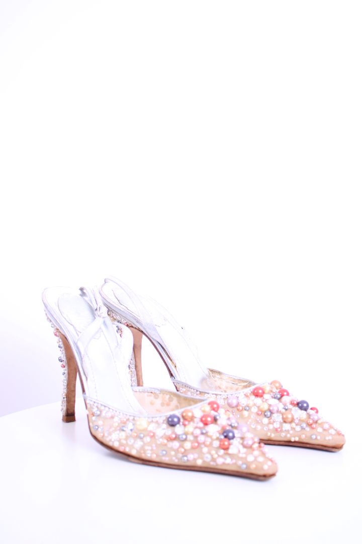 Rene Caovilla Beaded Slingback Heels Nude/ Silver 40