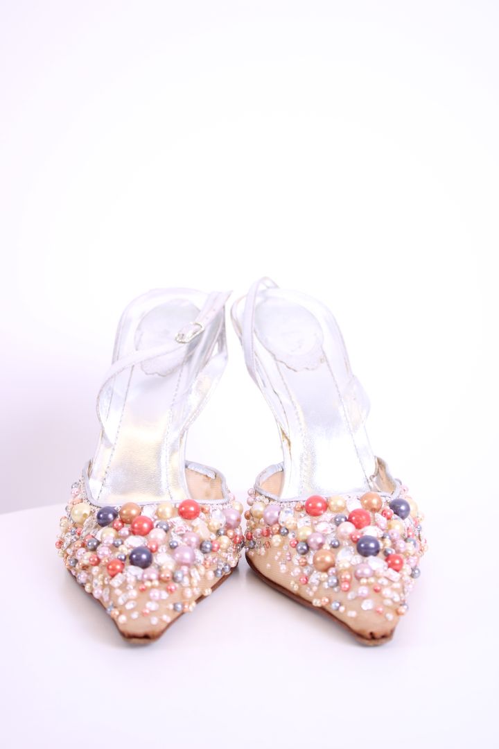 Rene Caovilla Beaded Slingback Heels Nude/ Silver 40