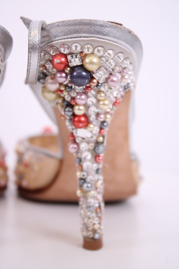 Rene Caovilla Beaded Slingback Heels Nude/ Silver 40