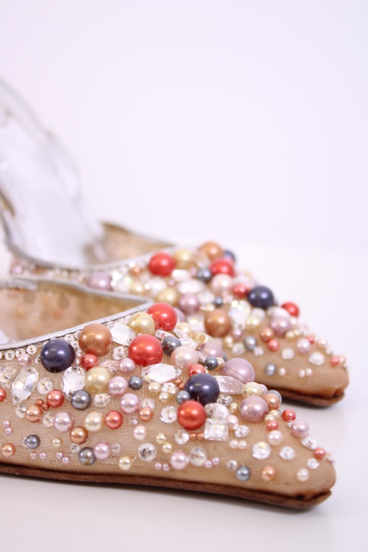 Rene Caovilla Beaded Slingback Heels Nude/ Silver 40