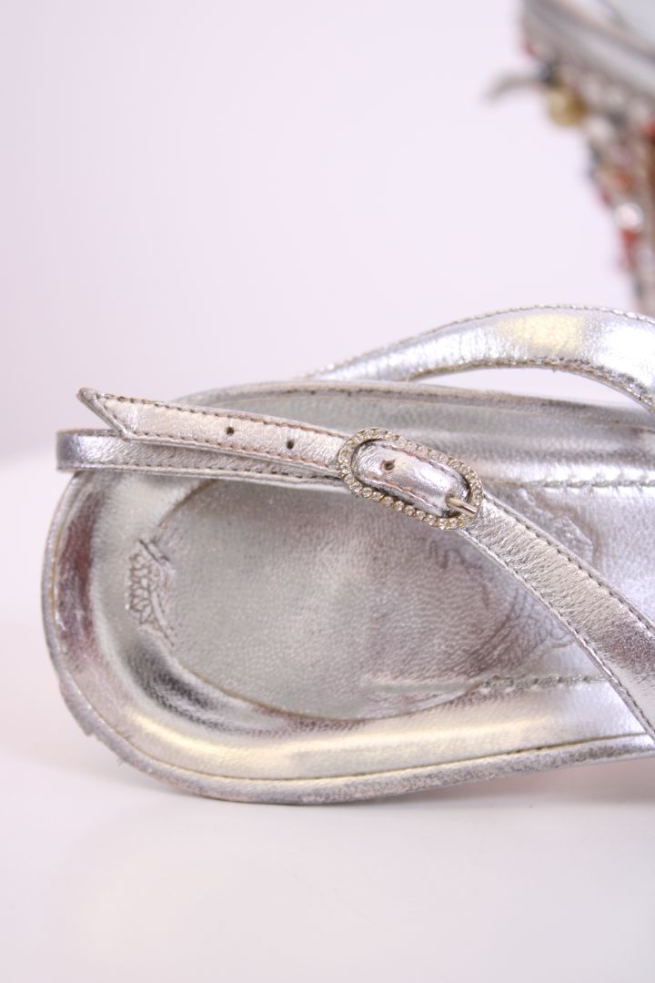 Rene Caovilla Beaded Slingback Heels Nude/ Silver 40