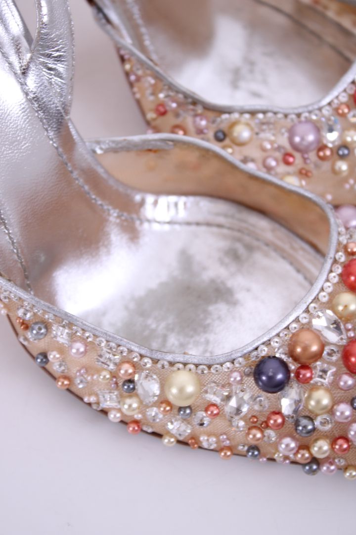 Rene Caovilla Beaded Slingback Heels Nude/ Silver 40