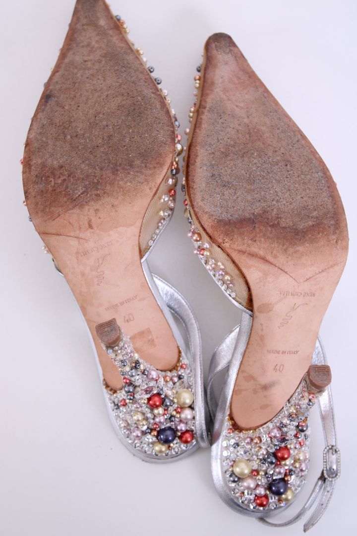 Rene Caovilla Beaded Slingback Heels Nude/ Silver 40
