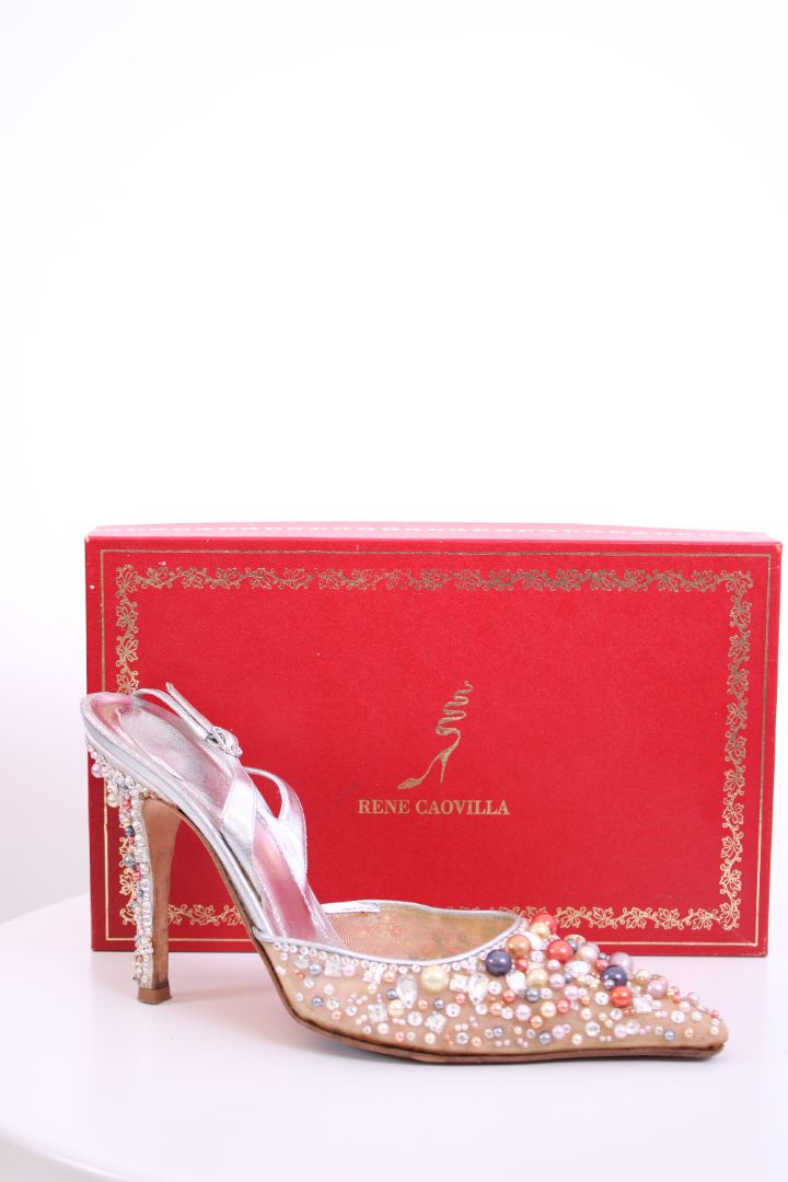 Rene Caovilla Beaded Slingback Heels Nude/ Silver 40