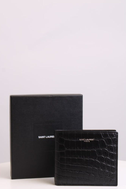 Saint Laurent East/ West Bi-Fold Croc Effect Wallet Black
