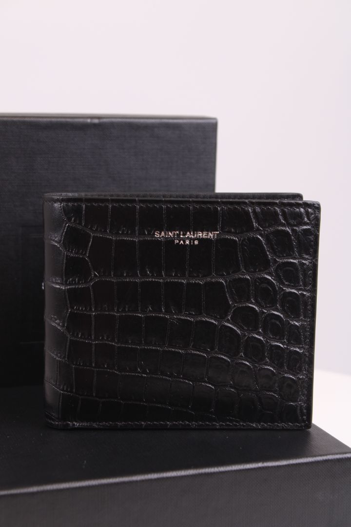 Saint Laurent East/ West Bi-Fold Croc Effect Wallet Black