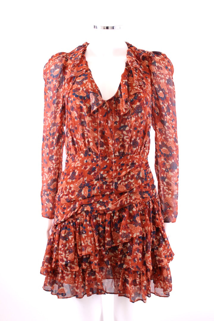 Ulla Johnson L/S Floral Shimmer Dress Rust/ Navy 8