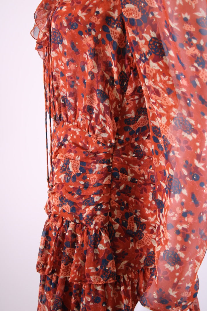 Ulla Johnson L/S Floral Shimmer Dress Rust/ Navy 8
