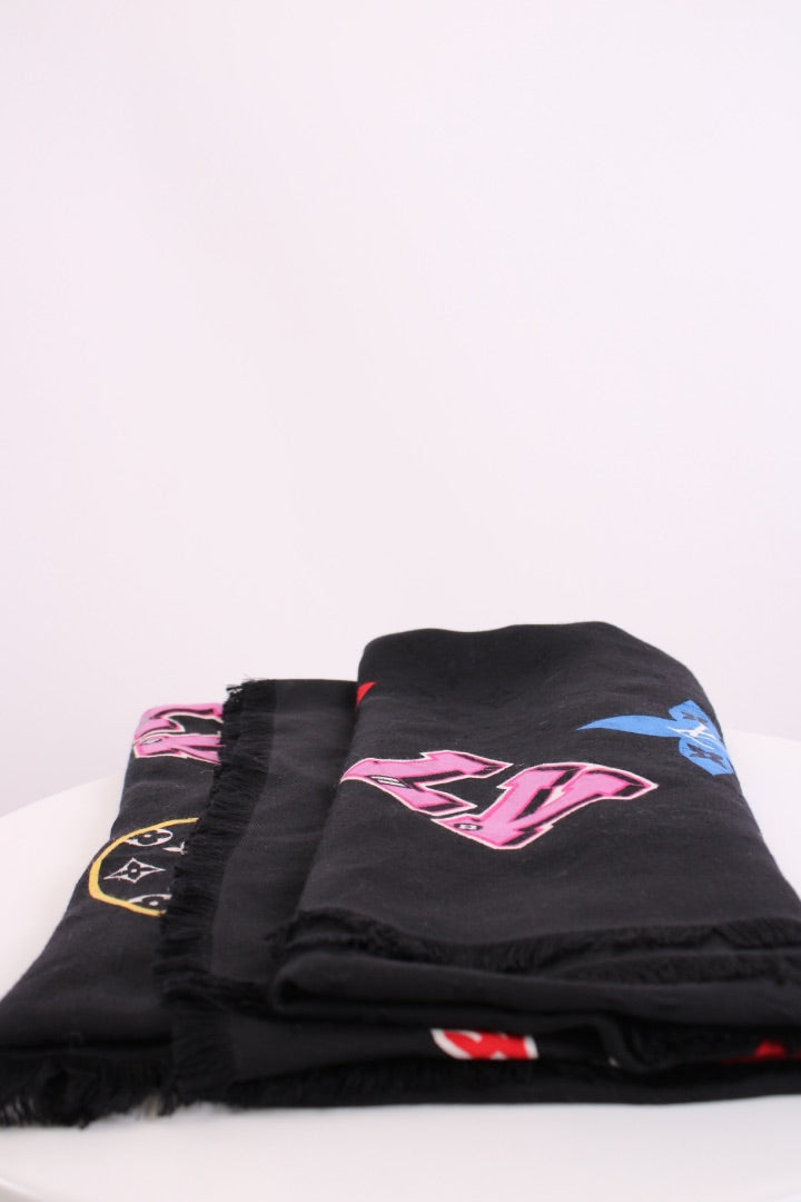 Louis Vuitton Monogram Stories Shawl Scarf Black