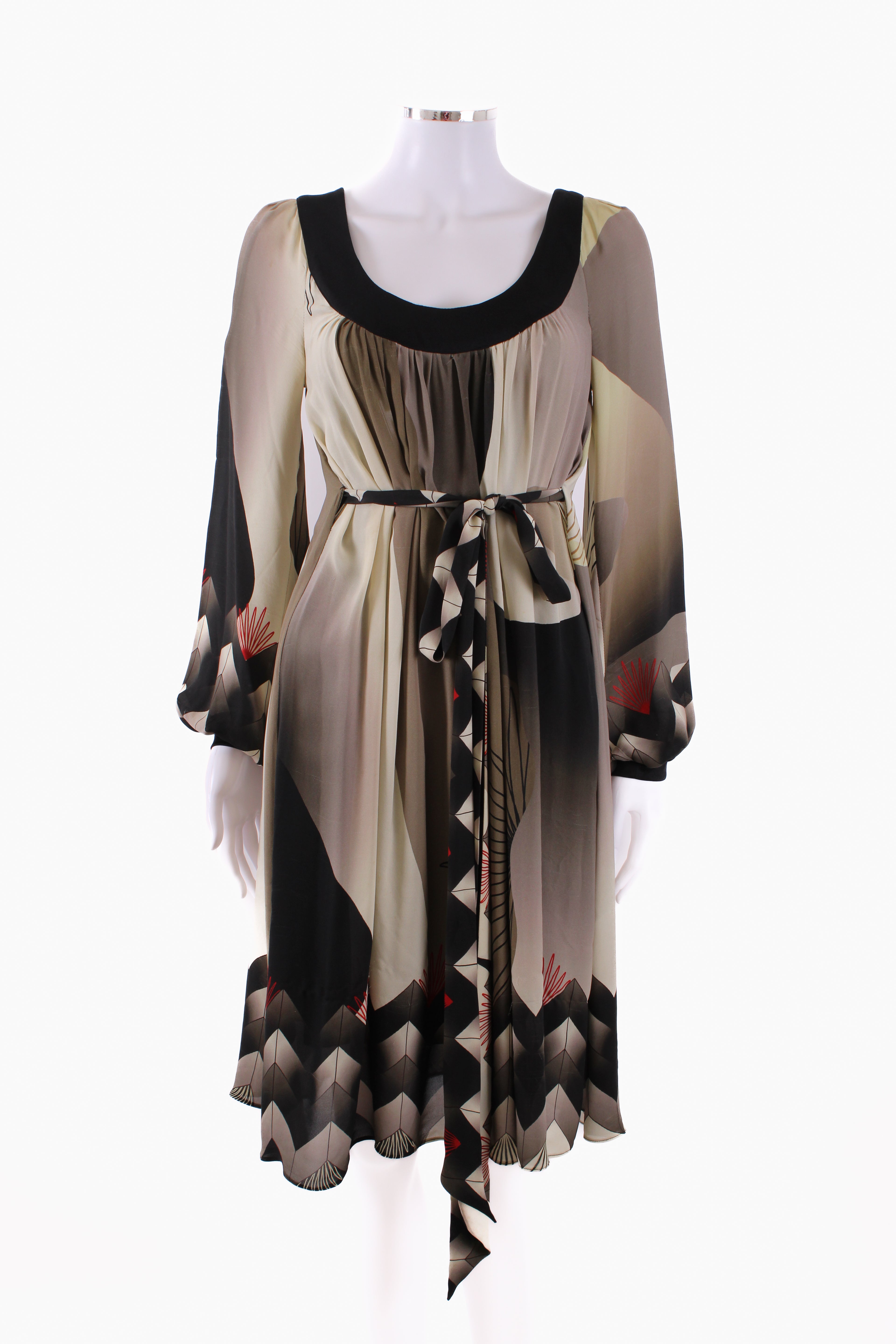 Arnett Sarah long sleeve silk print dress Black, green and red 10