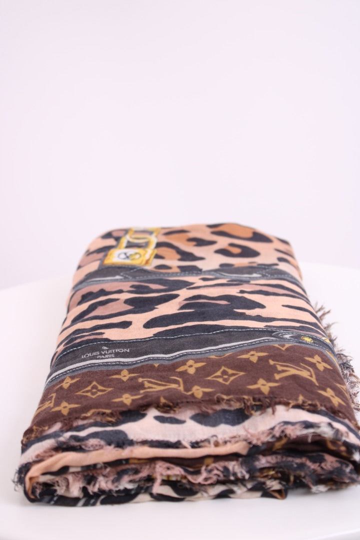 Louis Vuitton Monogram/ Leopard Print Scarf Beige/ Brown