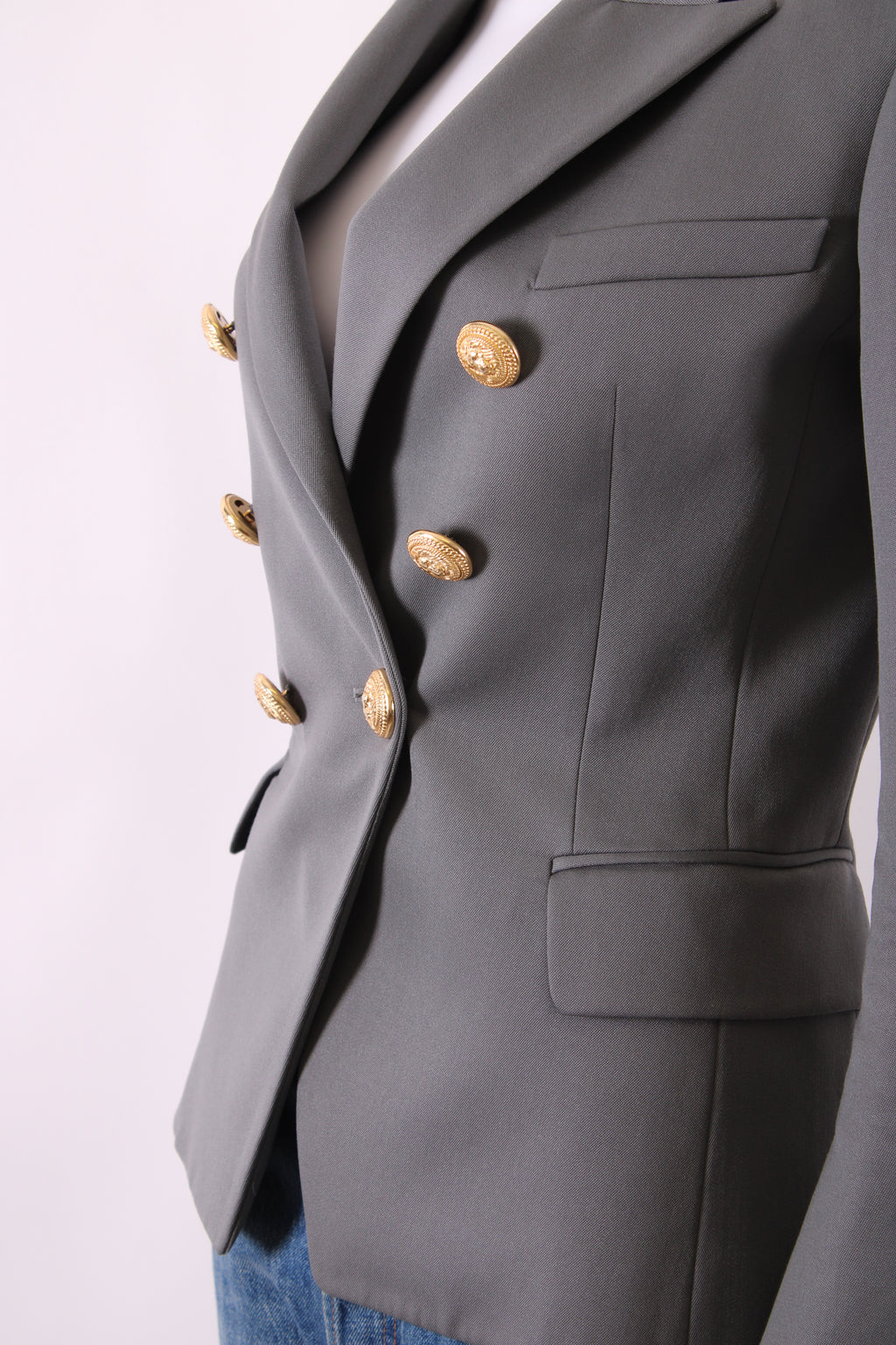Balmain Double Breasted Gold Button Blazer Grey 36