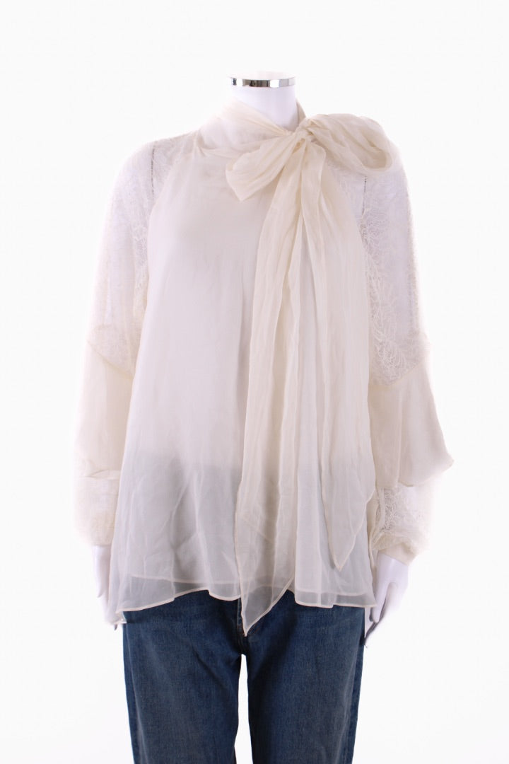 Diane Von Furstenberg Lace Silk Sleeve Blouse White M