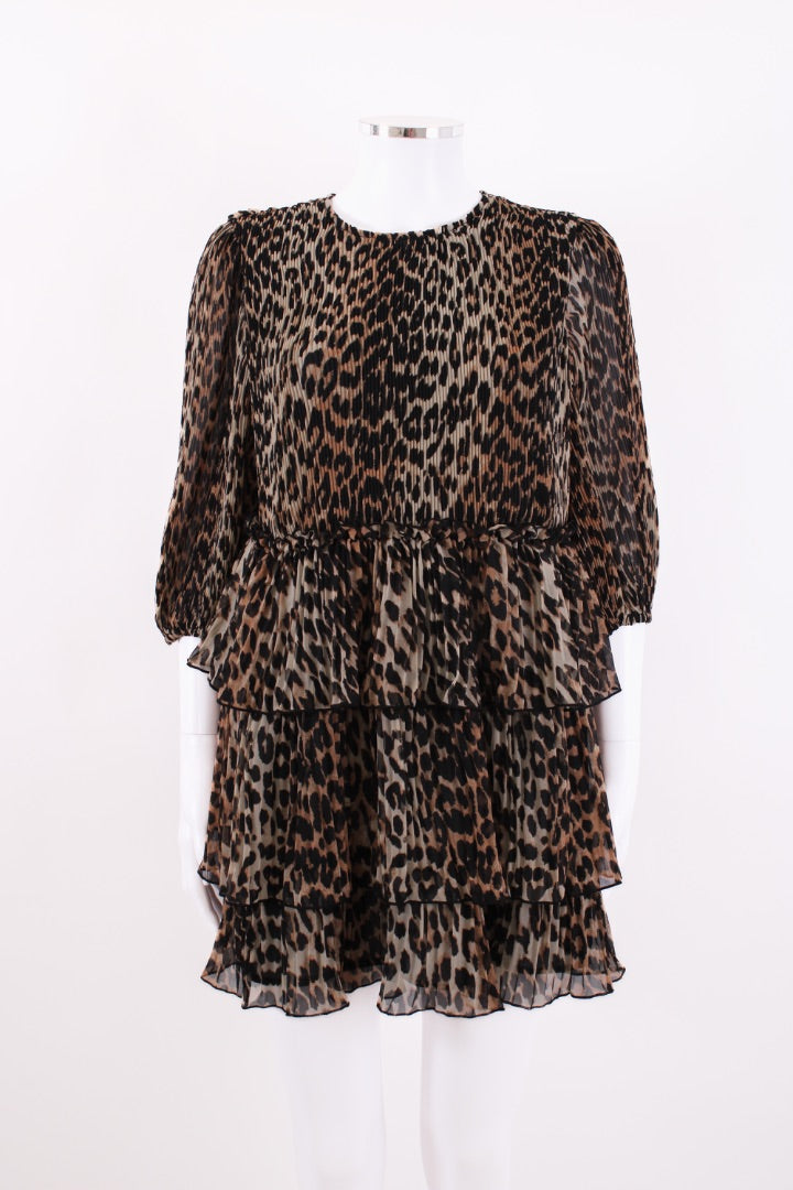 Ganni Ruffle Tiered Mini Dress Leopard M