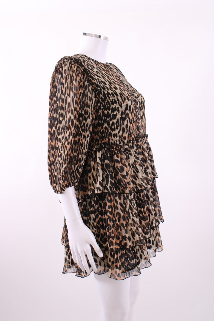 Ganni Ruffle Tiered Mini Dress Leopard M