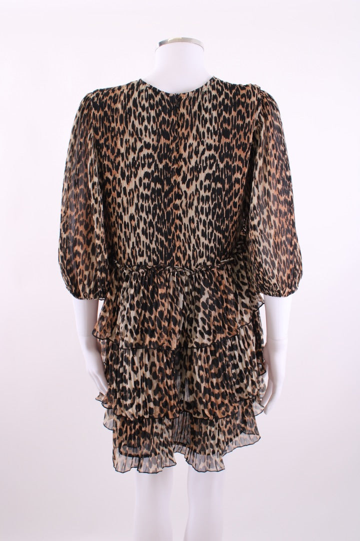 Ganni Ruffle Tiered Mini Dress Leopard M