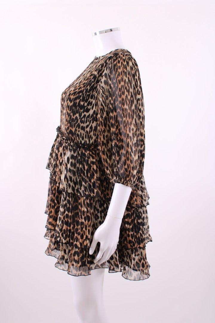 Ganni Ruffle Tiered Mini Dress Leopard M