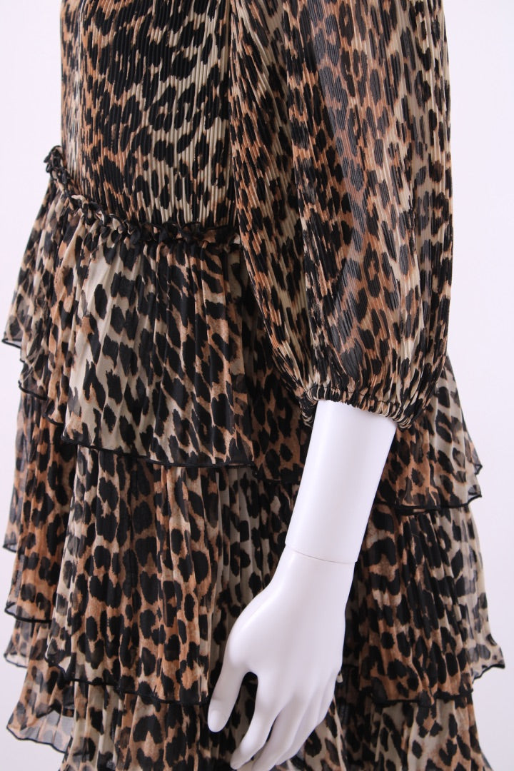 Ganni Ruffle Tiered Mini Dress Leopard M
