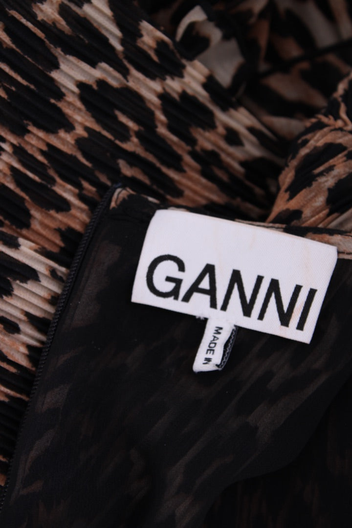 Ganni Ruffle Tiered Mini Dress Leopard M