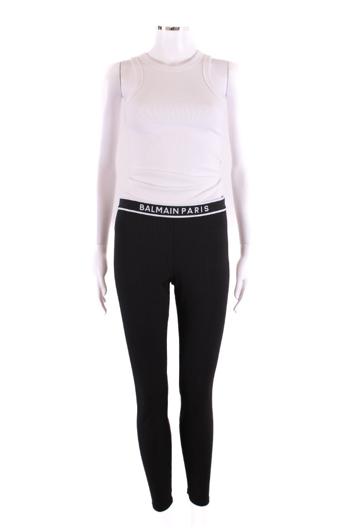 Balmain Logo Waist Band Ribbed Leggings Black/ White 12