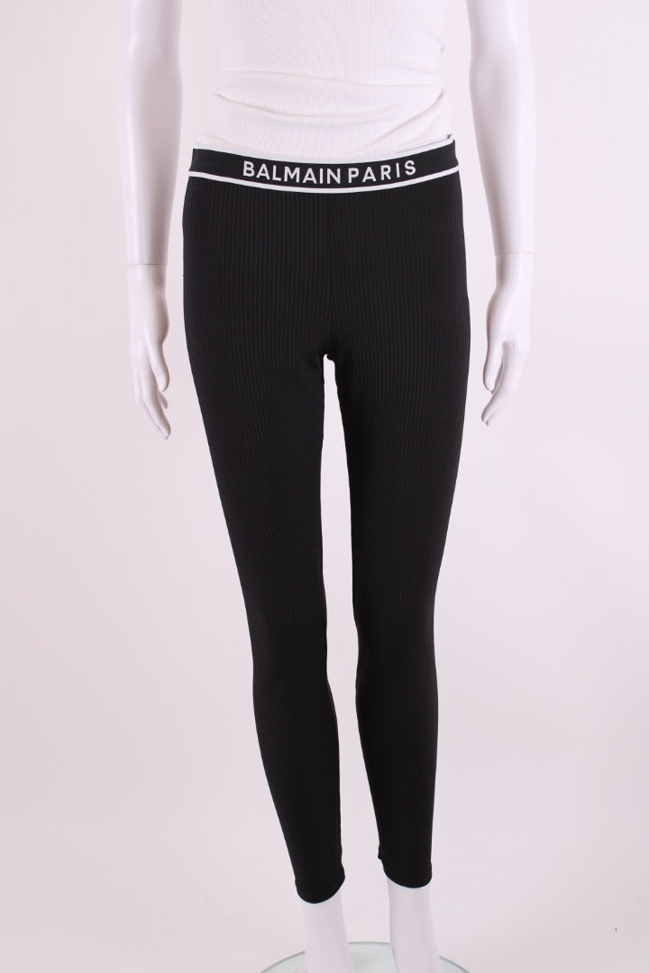 Balmain Logo Waist Band Ribbed Leggings Black/ White 12