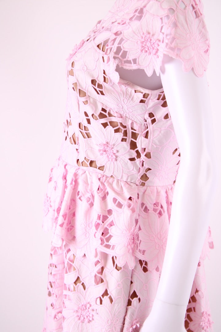 Self Portrait S/S Floral Lace Dress Pink/ White 12