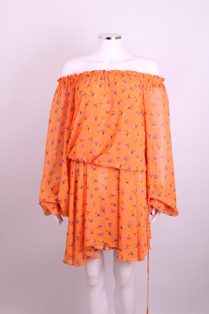 Rotate Birger Christensen Floral Puff Sleeve Dress Orange/ Pink 8