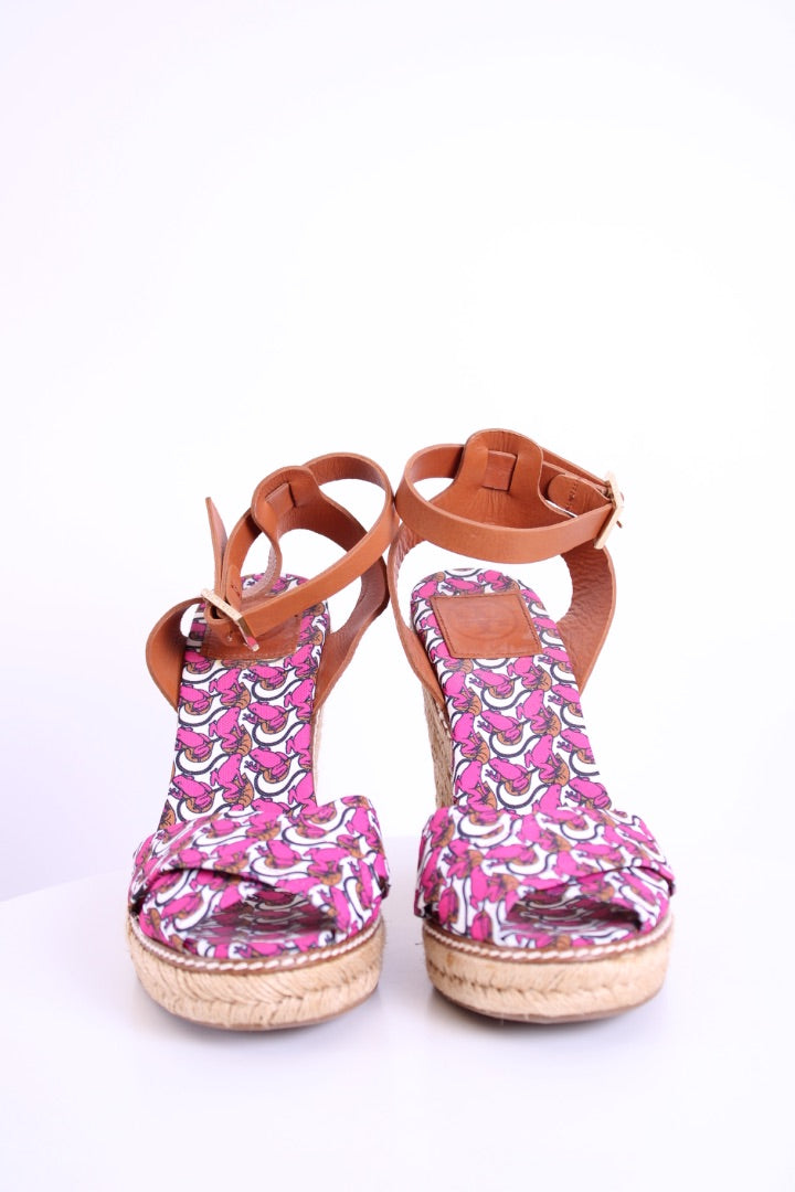 Tory Burch Lilipad frog print espadrille wedges Pink/ Brown 6
