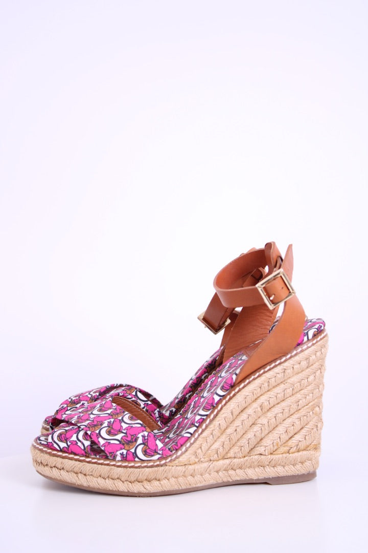 Tory Burch Lilipad frog print espadrille wedges Pink/ Brown 6