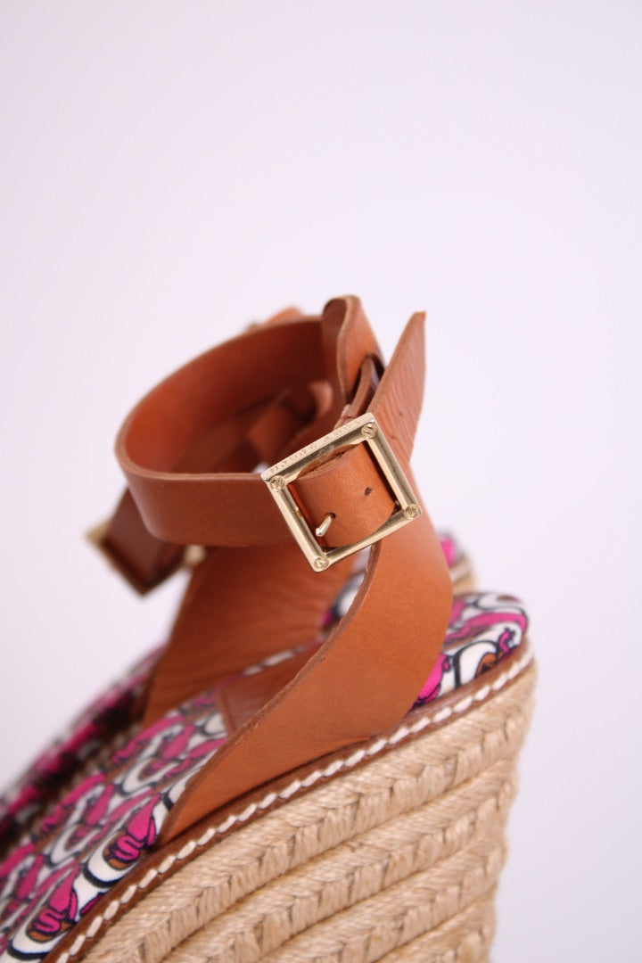 Tory Burch Lilipad frog print espadrille wedges Pink/ Brown 6