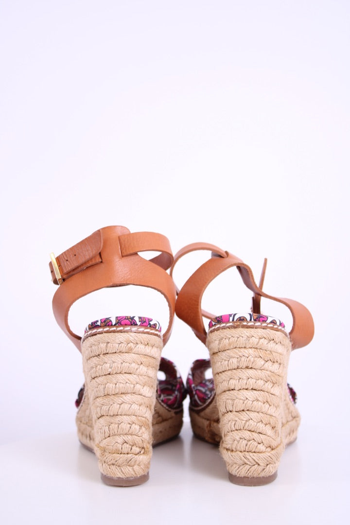Tory Burch Lilipad frog print espadrille wedges Pink/ Brown 6