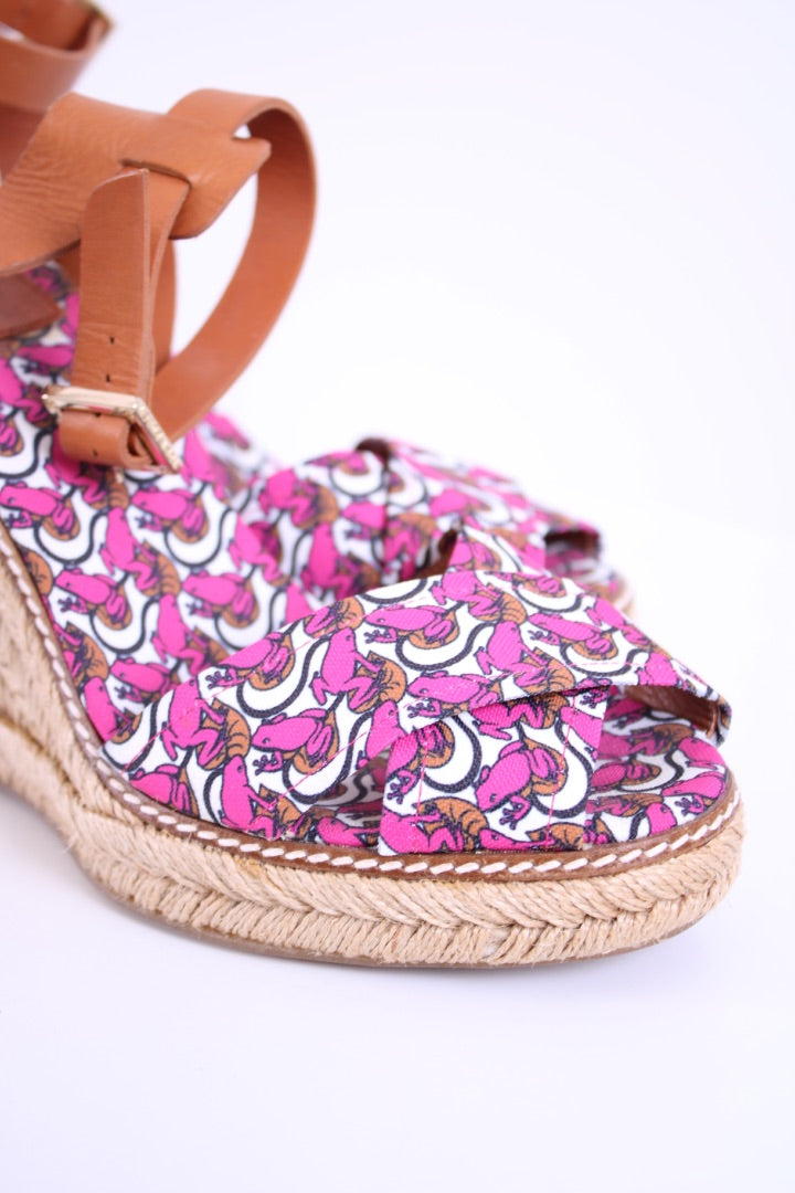 Tory Burch Lilipad frog print espadrille wedges Pink/ Brown 6
