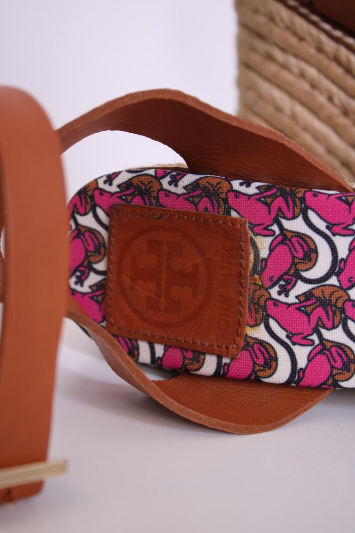 Tory Burch Lilipad frog print espadrille wedges Pink/ Brown 6