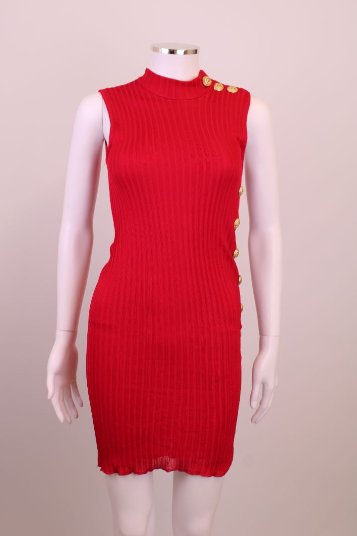Balmain Rib Knit Button Dress Red 6