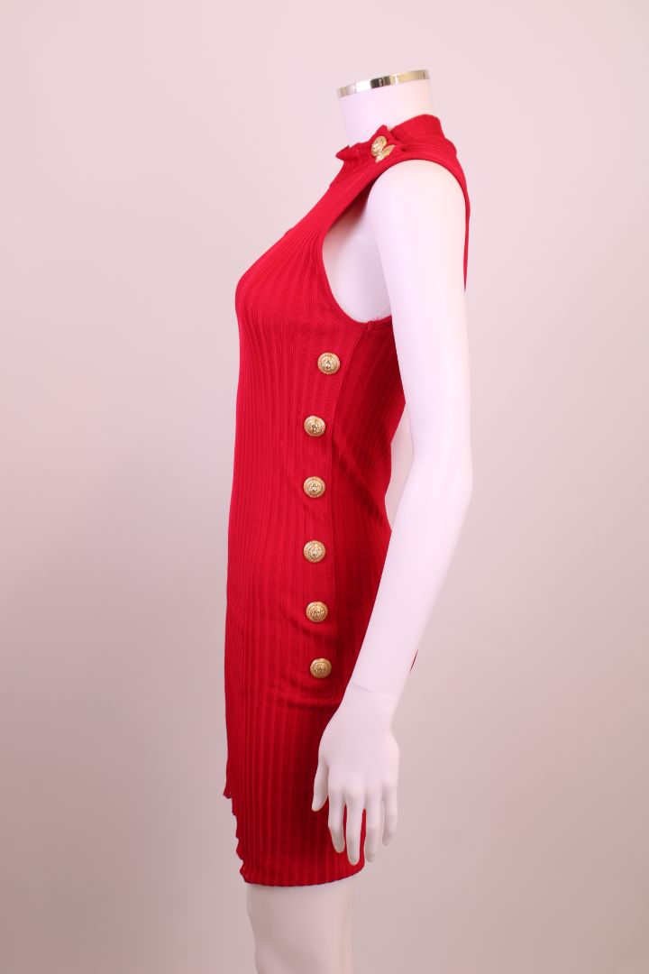 Balmain Rib Knit Button Dress Red 6