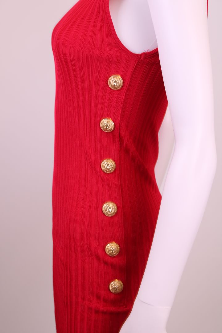 Balmain Rib Knit Button Dress Red 6