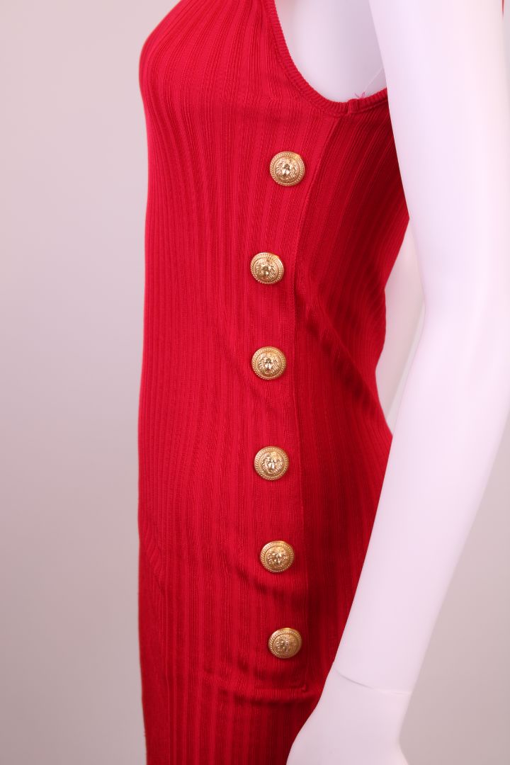 Balmain Rib Knit Button Dress Red 6